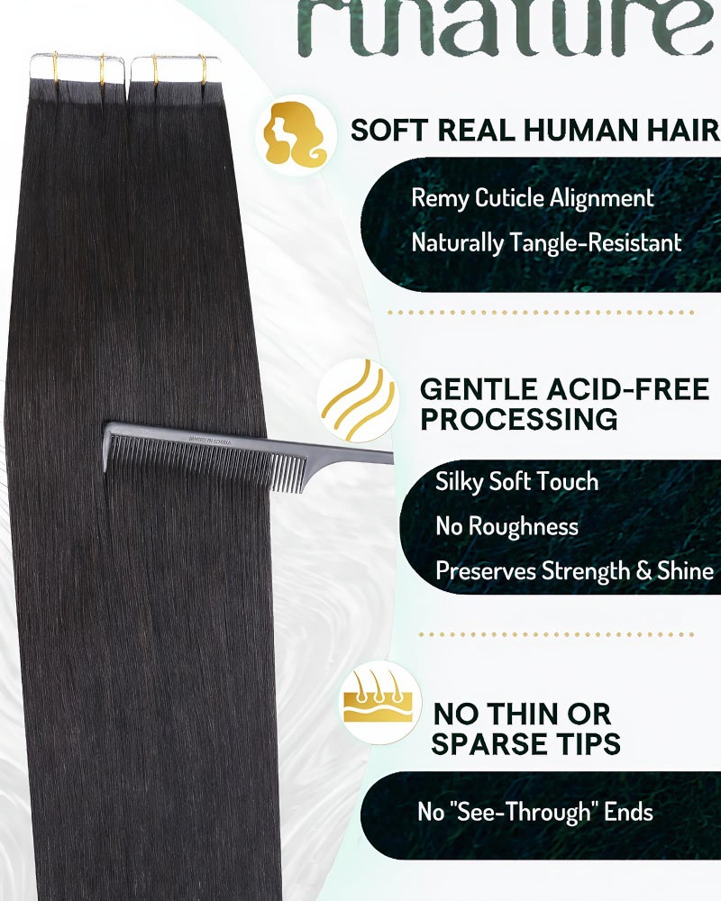 RUNATURE Tape in Hair Extensions Human Hair Natural Black 14 Inch 40g Real Human Hair Tape in Extensions Seamless Tape Ins Human Hair Straight Remy Hair Smooth Texture 20pcs #1B - Image 2